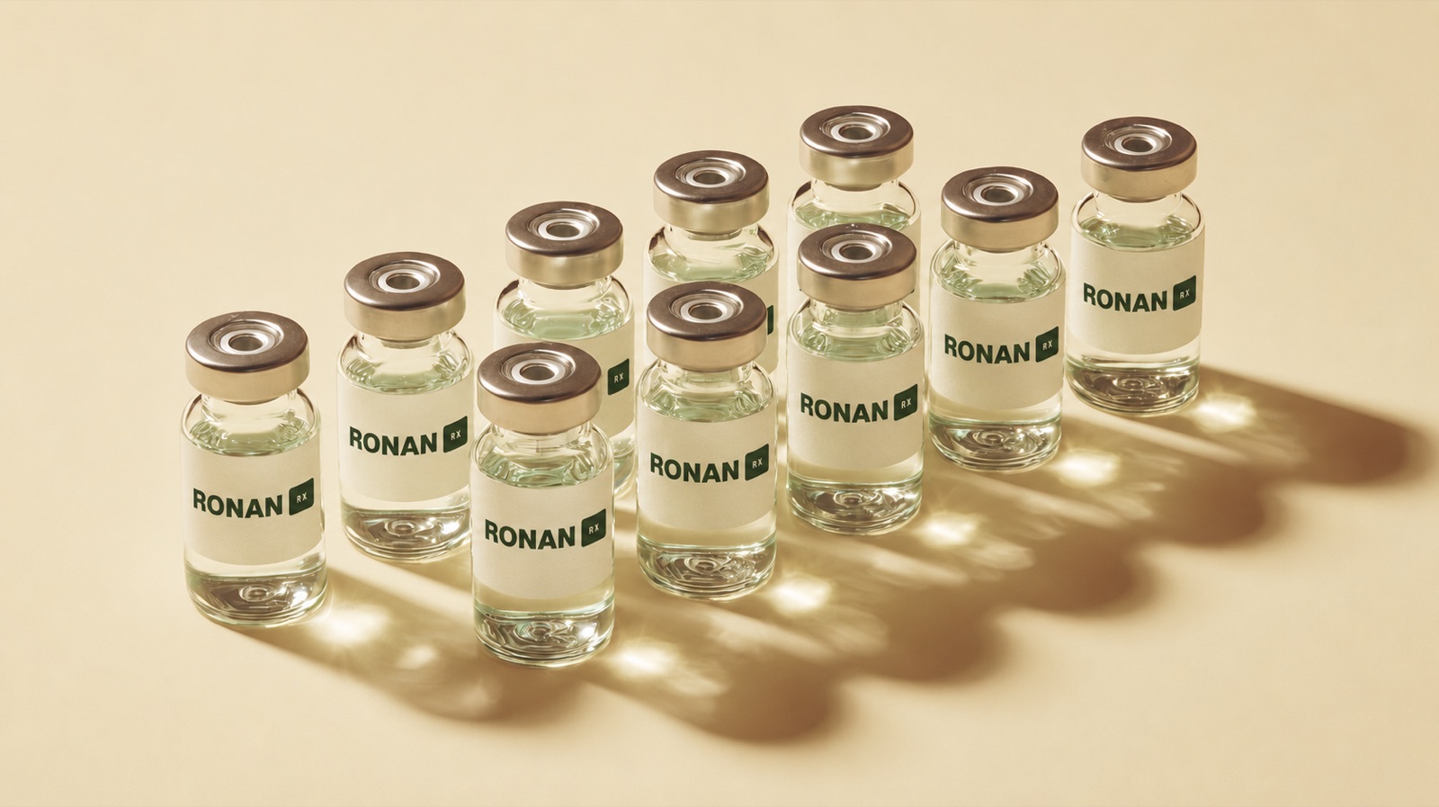 A lineup of labeled RonanRx compounding vials on a warm cream surface.