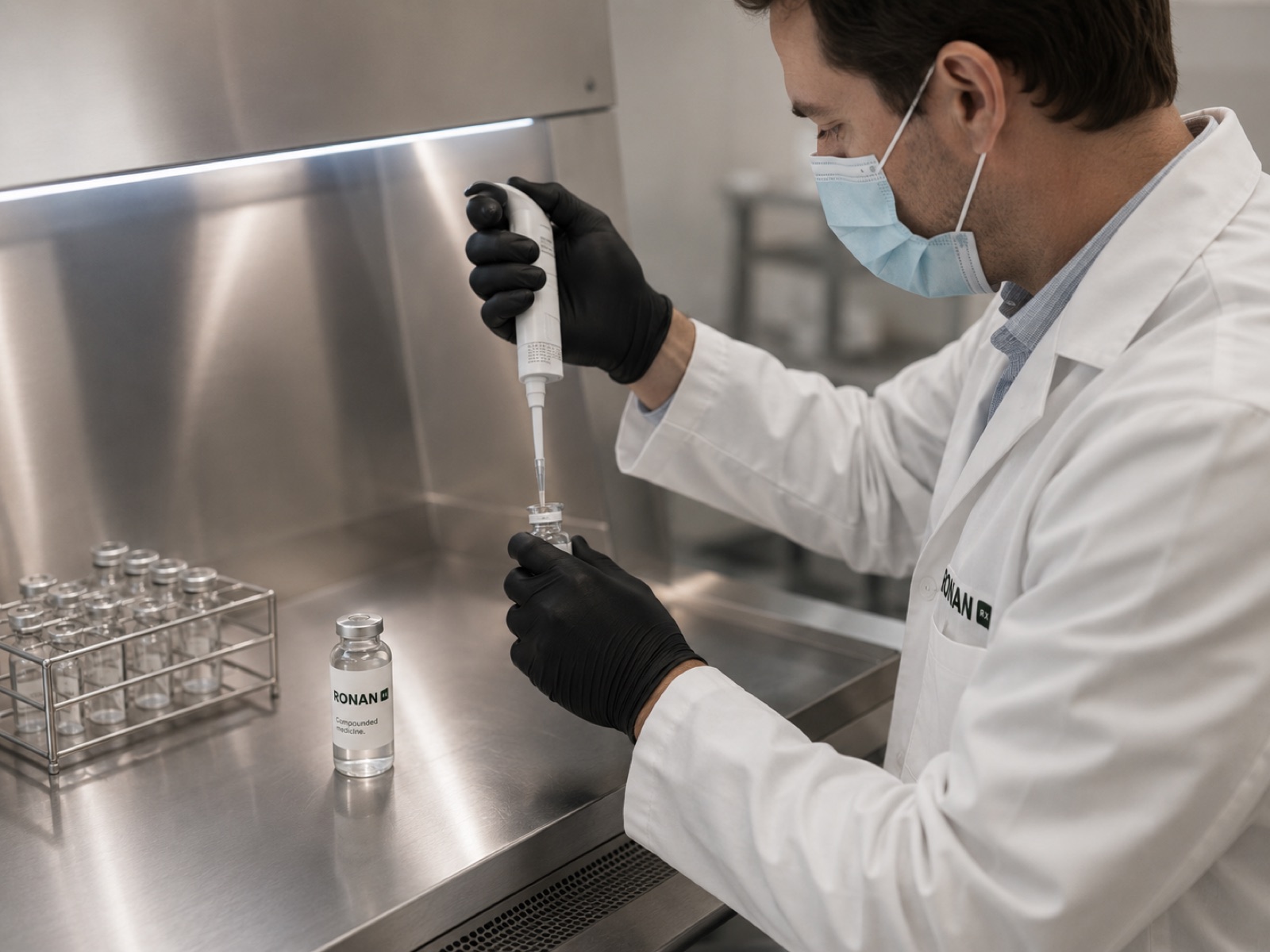 A pharmacy lab technician pipettes into a sterile compounding vial.