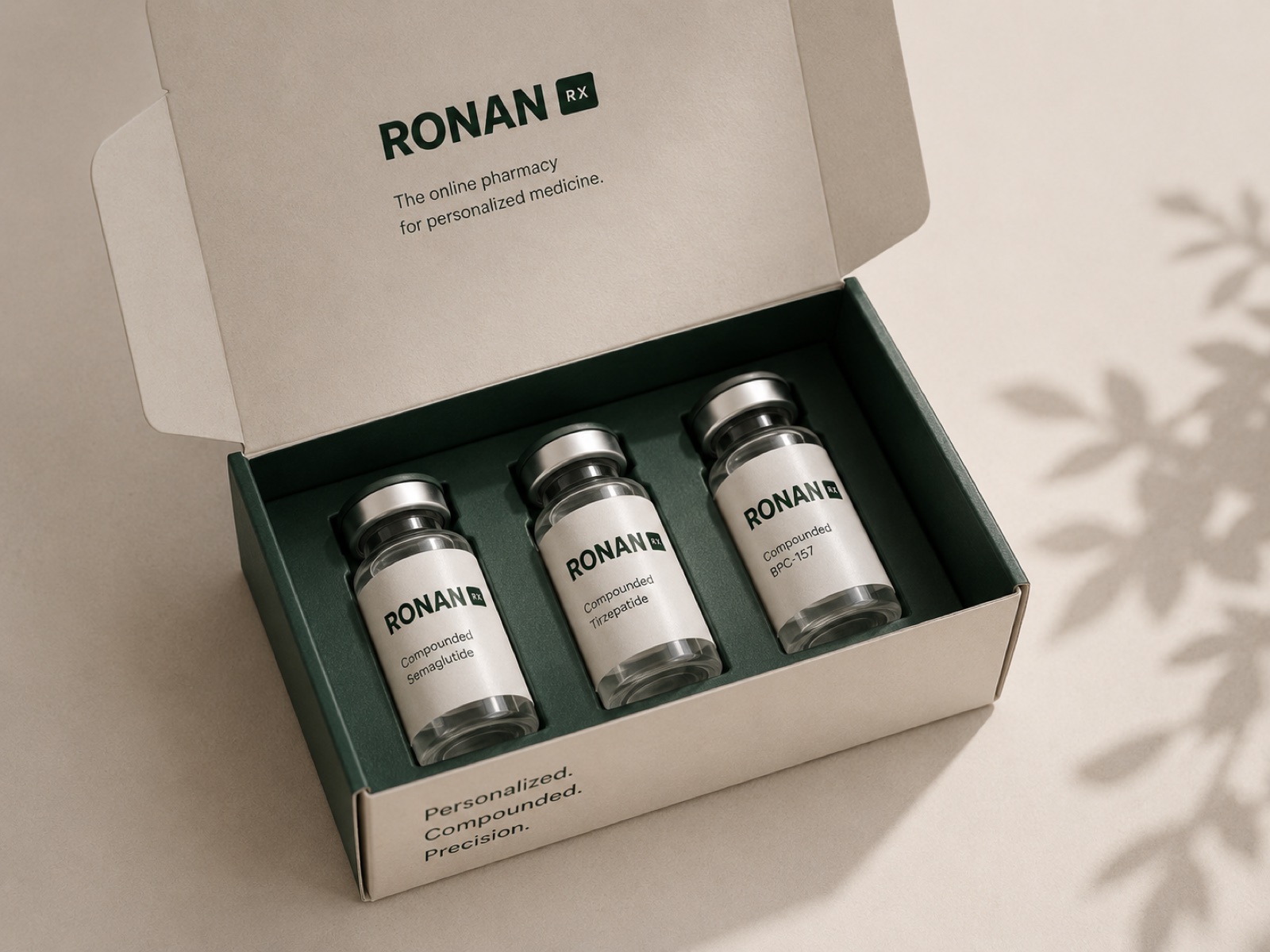 A personalized RonanRx medicine kit containing three labeled vials.