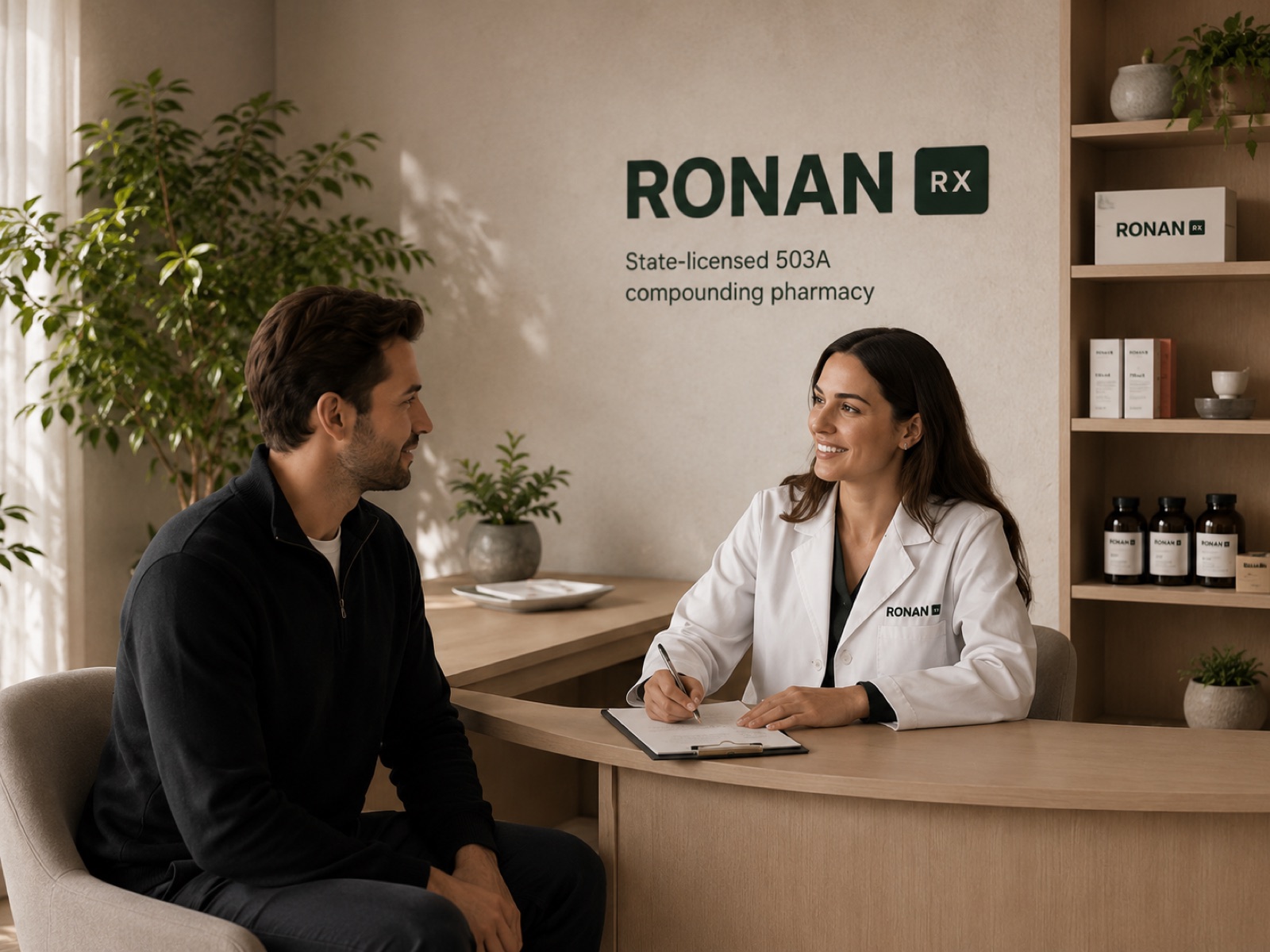 A pharmacist and a patient in conversation across a compounding pharmacy counter.
