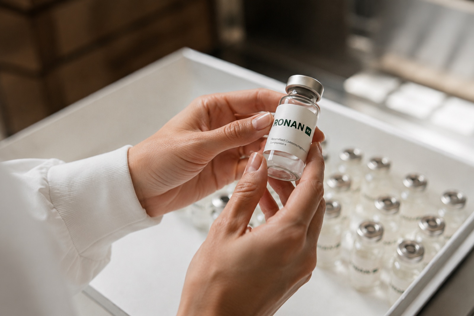 A pharmacist inspects a compounded medication vial under sterile lighting.