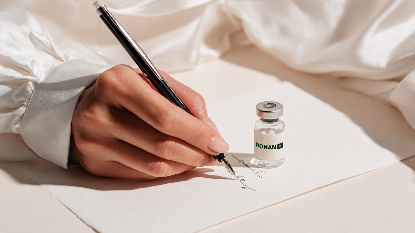 A clinician writing a prescription beside a labeled RonanRx vial.
