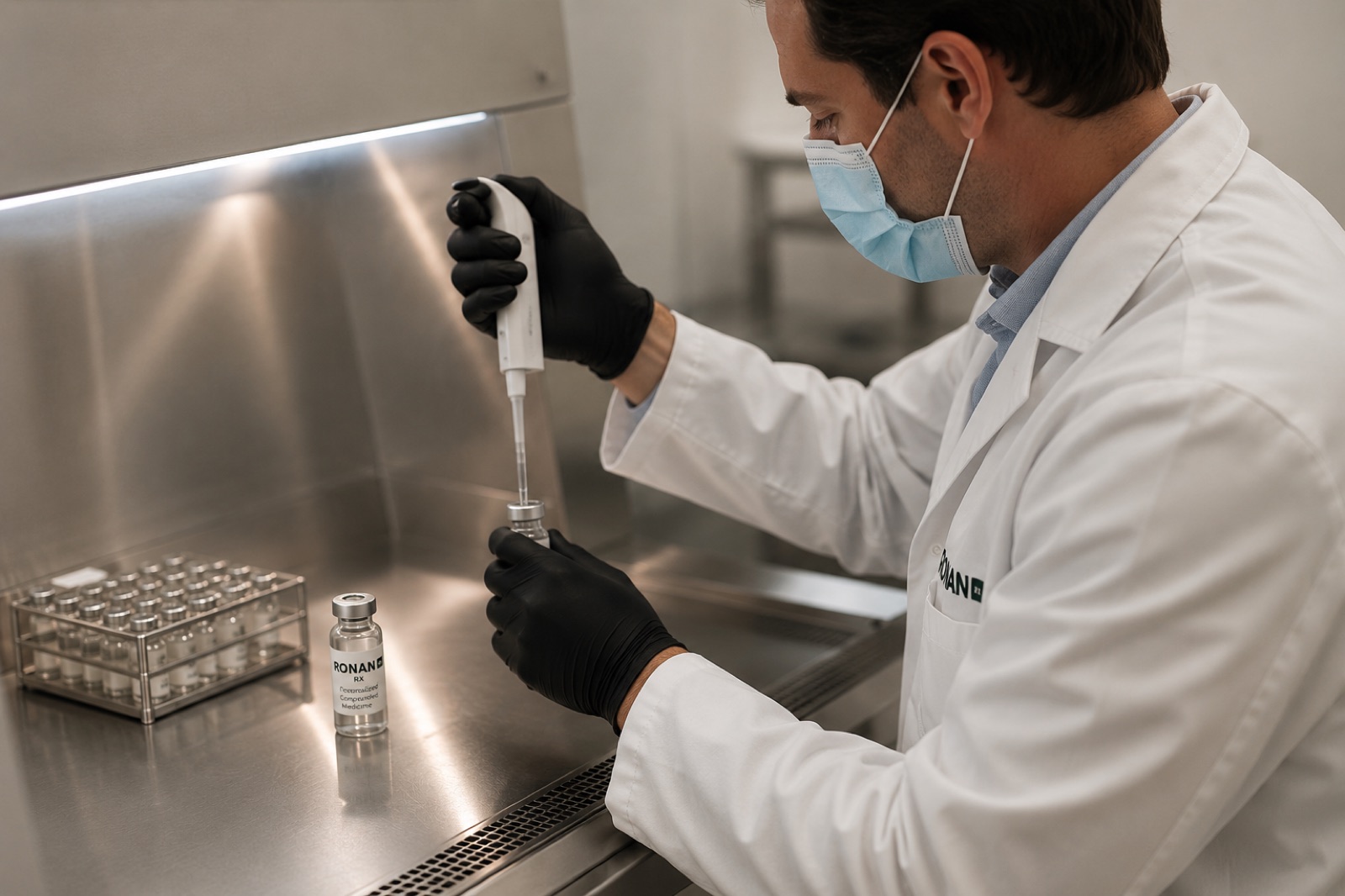 Sterile compounding pharmacy pipetting at a clean lab bench.