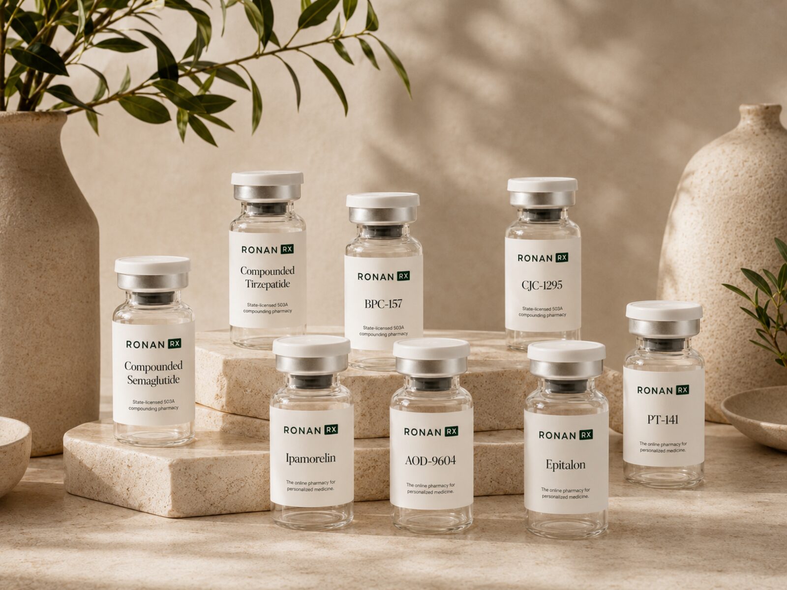 A lineup of RonanRx-labeled compounded medication and peptide vials staged between terracotta vases on a warm cream surface.